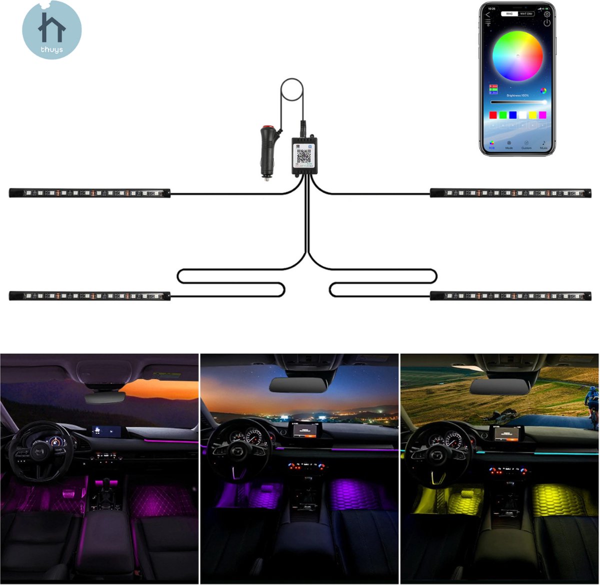 Ledstrip Auto Interieur - Led Strip Auto 12V Voor & Achter - Interieur Verlichting Auto Met App - Muziekgevoelig