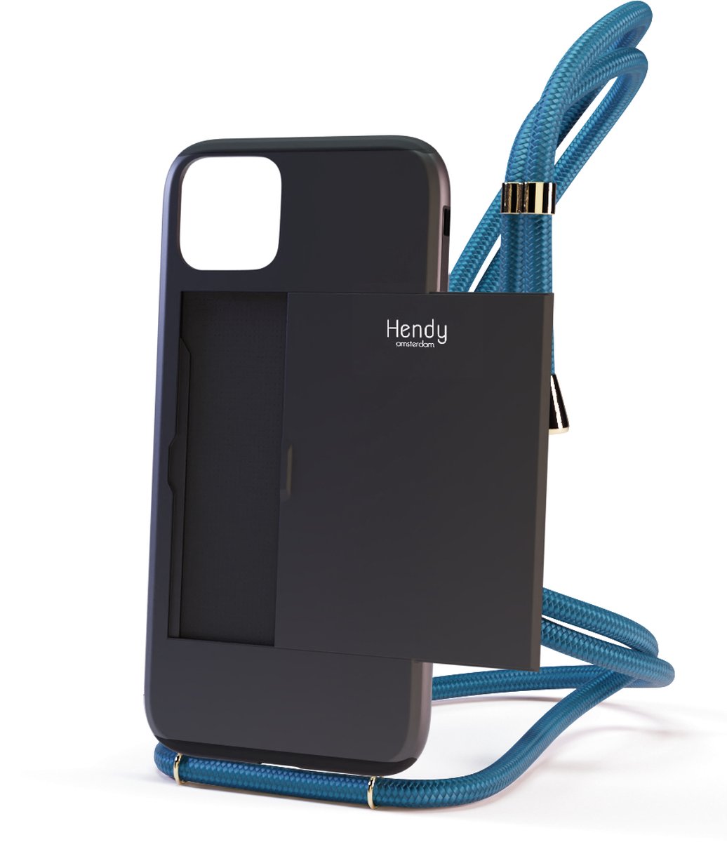 Hendy telefoonhoesje met koord - Sophisticated (ruimte voor pasjes) - Petrol Blue - iPhone 13 Pro