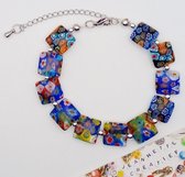 Jeannette-Creatief® - Italy - Blauwe Millefiori - Armband - Blauwe armband - Armband Dames - Millefiori kralen - Duizend bloemen kralen - Armband Millefiori - Vierkante kralen - Zilverkleurige kraaltjes