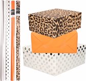 8x Rollen transparante folie/inpakpapier pakket - panterprint/oranje/wit met zilveren stippen 200 x 70 cm - dierenprint papier