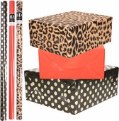 12x Rollen kraft inpakpapier/folie pakket - panterprint/rood/zwart met gouden stippen 200 x 70 cm - dierenprint papier