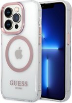 Guess Apple iPhone 14 Pro Max TPU Back Cover Magsafe Telefoonhoesje - Roze, Transparant - Bescherming & Stijl