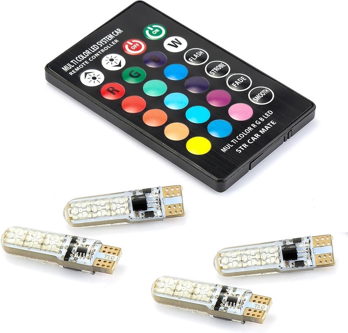 RGB T10 LED - 6SMD - Met afstandsbediening - 12V - 4 stuks