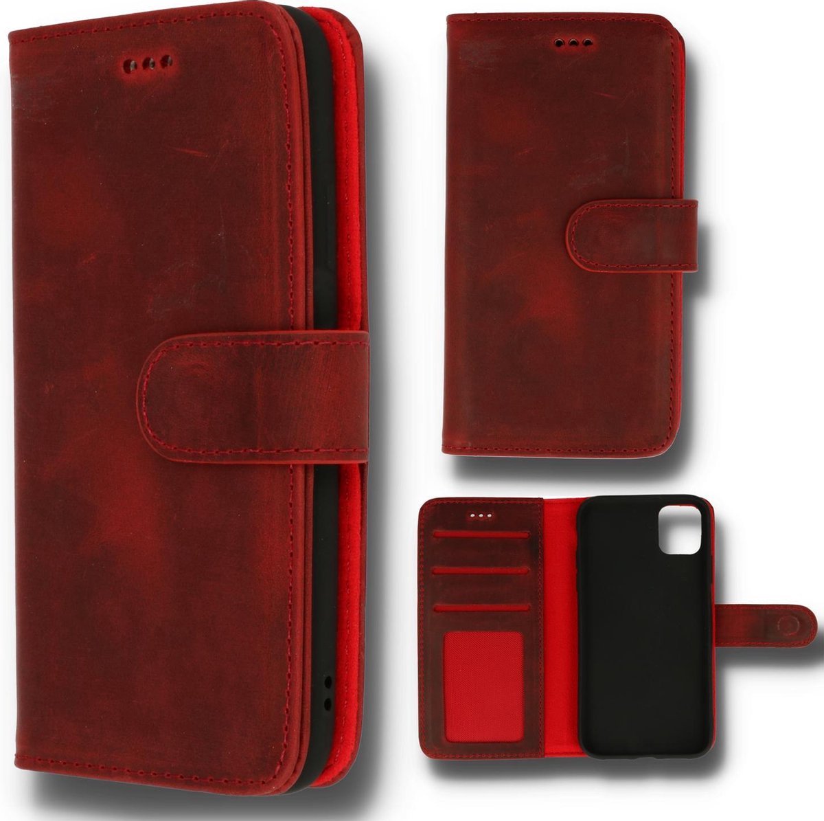 Apple iPhone 14 Pro Hoesje Rood - Handgemaakt Echt Lederen Portemonnee Book Case met 3x Kaarthouder