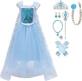Prinsessenjurk meisje - Prinsessen speelgoed - Verkleedjurk - maat 104/110 (110) - Tiara - Kroon - Toverstaf - Lange Handschoenen - Juwelen - Verkleedkleren Meisje - Prinsessen Verkleedkleding - Carnavalskleding Kinderen - Blauw - Cadeau Meisje
