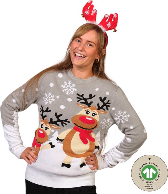Ugly Christmas Sweater Women & Men - Christmas Sweater "Two Dear Rennes" - 100% Organic Katoen - Noël Sweater Men & Women Size M
