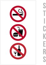 Pictogram/ sticker | Rookverbod - Verboden te eten - Alcohol verbod | 10 x 20 cm | Recreatie | Verbodsbord | Alcohol | Alcoholische dranken | Verboden te consumeren | No food | No smoke | Roken | Tabak | Glanzend | Rechthoek | 3 stuks