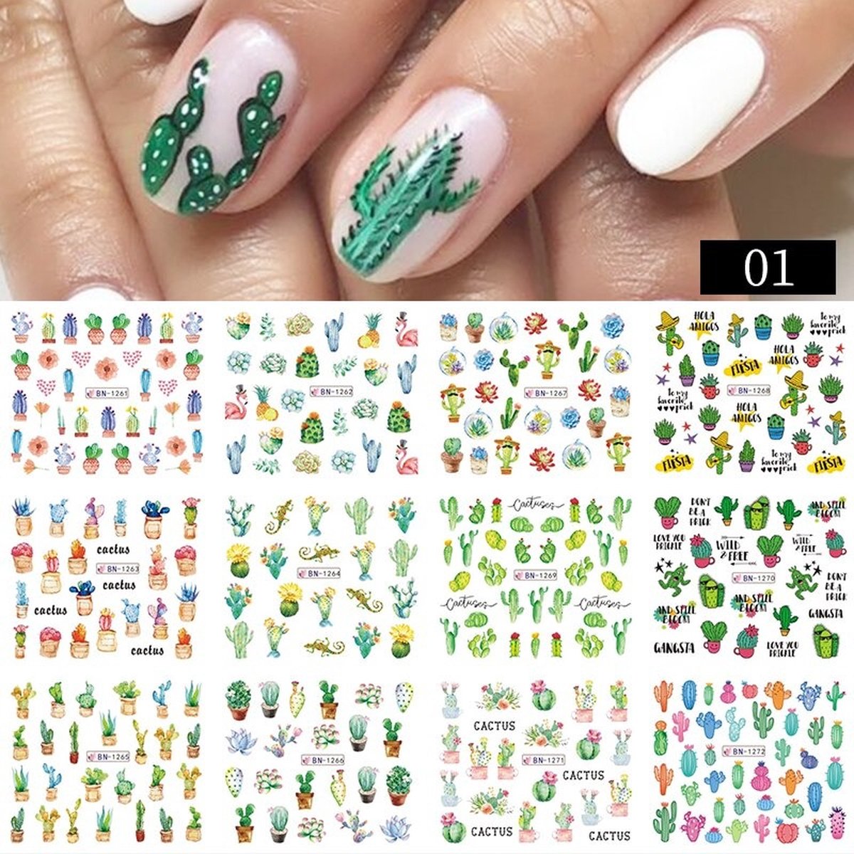 Goedkoopste 12 Stuks Nagelstickers – Nail Art Stickers – Cactus – Set van 12 nagelstickers – Cactus designs – nail art – Unieke en trendy stickers – thuis en salons