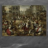 Wanddecoratie / Schilderij / Poster / Doek / Schilderstuk / Muurdecoratie / Fotokunst / Tafereel Marktplein, met op de achtergrond de geseling, Ecce Homo en de kruisdraging - Joachim Bueckelaer gedrukt op Dibond