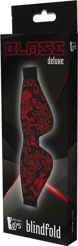Verpakking van de Blaze Deluxe blinddoek met rood draken- en bloemenpatroon.
