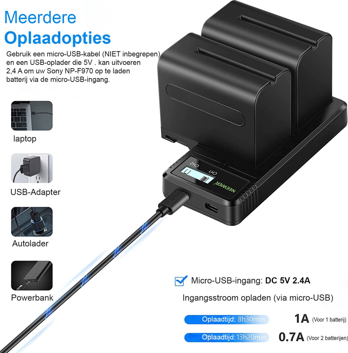 Neewer® - Fast Charger Dual USB met 2 Pack - 6600mAh Vervangende NP-F970 Batterijen - Geschikt voor Sony NP-F970 F960 F950 F770 F750 F570 F550 - Handycam en Neewer Led Light Monitor Gemotoriseerde Slider