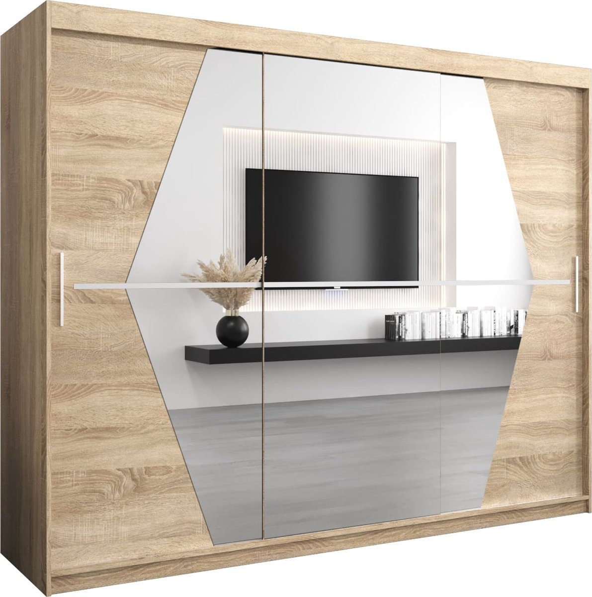 InspireME Kledingkast met 3 schuifdeuren, Modern-stijl, Een kledingkast met planken en een spiegel (BxHxD): 250x200x62 - BOLA 250 Sonoma Eik met 4 lades