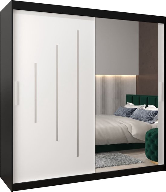 InspireMe - Kledingkast met 2 schuifdeuren, Modern-stijl, Een kledingkast met planken en een spiegel (BxHxD): 200x200x62 - MALTESE II 200 Zwart Mat + Wit Mat met 4 lades