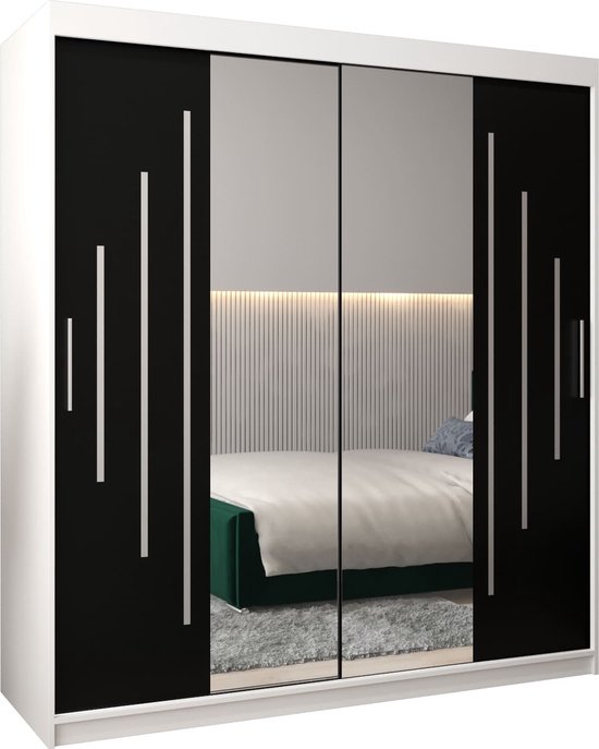 Witte kledingkast met spiegeldeuren, zwarte panelen en verticale witte lijnen. Product is geïsoleerd.