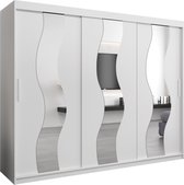 InspireMe - Kledingkast met 3 schuifdeuren, Modern-stijl, Een kledingkast met planken en een spiegel (BxHxD): 250x200x62 - REESE 250 Wit Mat met 4 lades