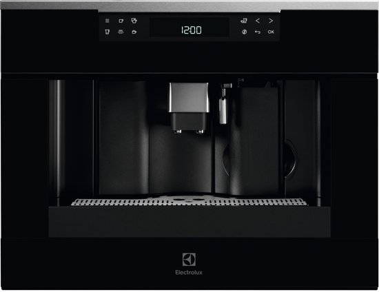 Zwarte inbouw koffiemachine met zilverkleurige knoppen en een digitaal display.