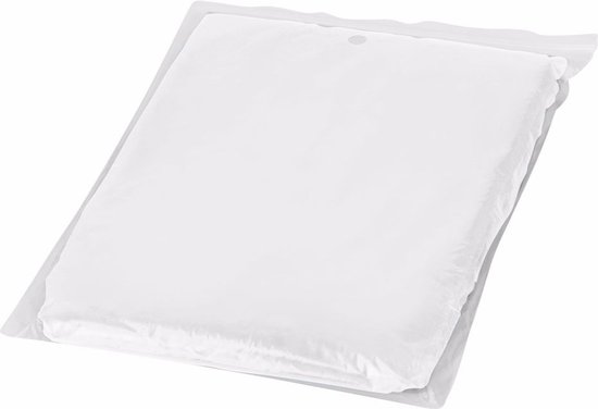 Transparante regenponcho gevouwen in plastic verpakking.