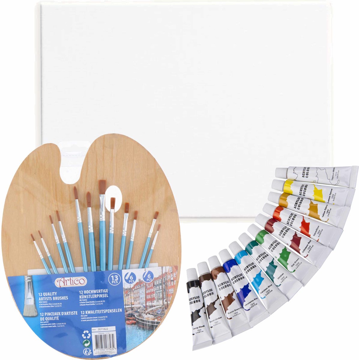 Complete hobby schilderij maken verf set - canvas schildersdoek - 12 penselen - palet - 12 kleuren acrylverf