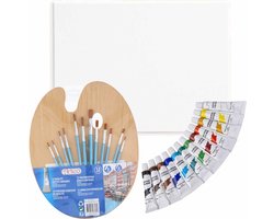 Complete hobby schilderij maken verf set - canvas schildersdoek - 12 penselen - palet - 12 kleuren acrylverf