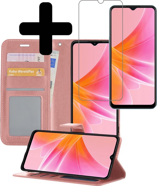 OPPO A17 Case Book Case Cover Wallet Cover With Screen Protector - OPPO A17 Case Bookcase Cover - Rose Goud