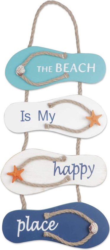 YiYa Nautisch strand flip flop muur ornament, houten slippers opknoping decoratie oceaan woondecoratie voor muur en deur, wit, blauw