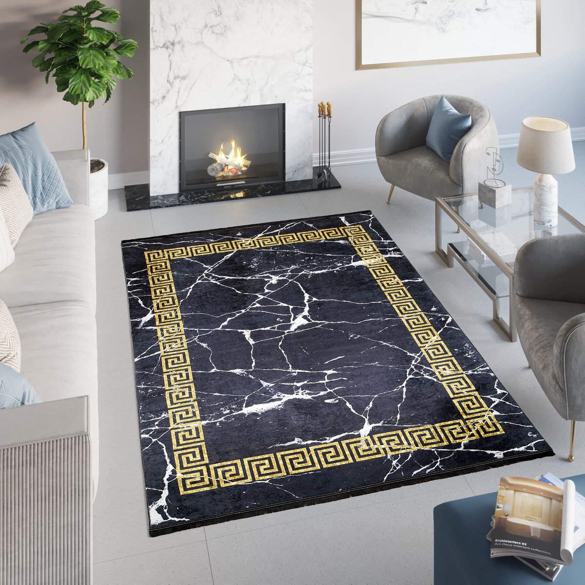 Tapiso Toscana Vloerkleed Kwastjes Zwart Gouden Oriental Tapijt Maat- 140x200