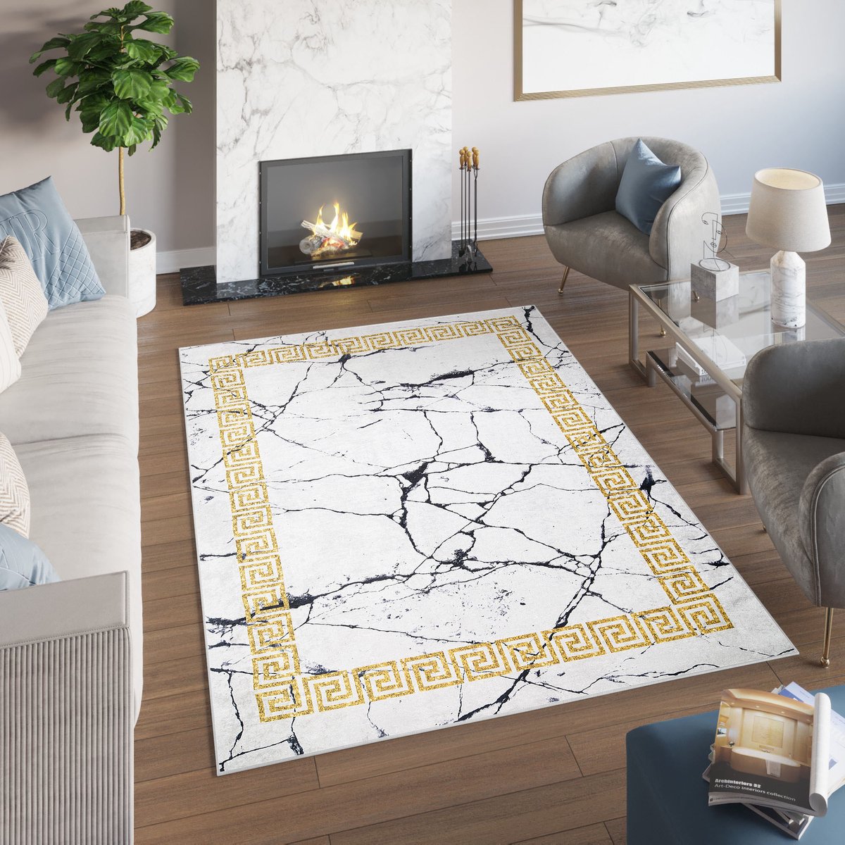 Tapiso Toscana Vloerkleed Grijs Marmer Gouden Antislip Tapijt Maat- 80x150