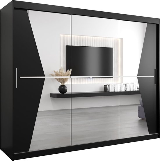 InspireMe - Kledingkast met 3 schuifdeuren, Modern-stijl, Een kledingkast met planken en een spiegel (BxHxD): 250x200x62 - TOTO 250 Zwart Mat mat 4 lades