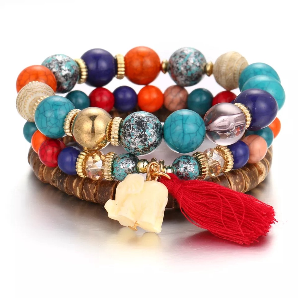 Olifant armbandenset kleurrijk | armband | hout en kunststof | 19 cm | Sparkolia