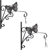 Relaxdays plantenhaak met vlinder - set van 2- bloemenhaak - wandhaak - metaal - zwart