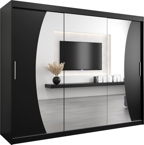 InspireMe - Kledingkast met 3 schuifdeuren, Modern-stijl, Een kledingkast met planken en een spiegel (BxHxD): 250x200x62 - KAHUNA 250 Zwart Mat mat 4 lades