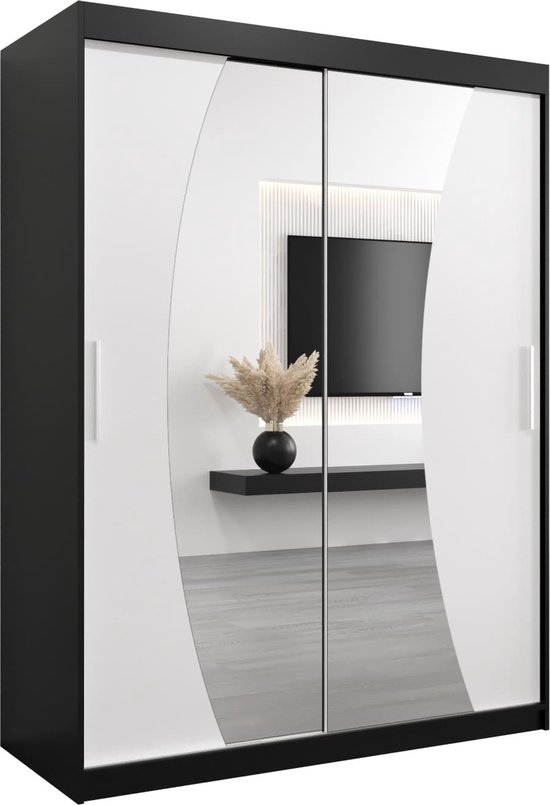 InspireMe - Armoire à 2 portes coulissantes, Style moderne, Une armoire avec des étagères et un miroir (LxHxP): 150x200x62 - KAHUNA 150 Zwart Mat + Wit Mat