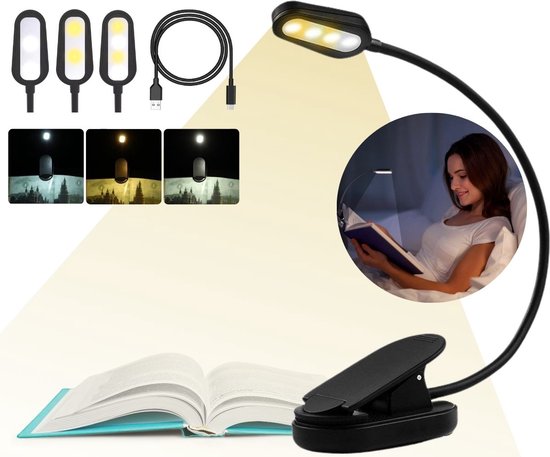 Luminairo - Leeslamp met klem- Voor boek -  4 LED - Usb Oplaadbaar - 3 dimfunctie -