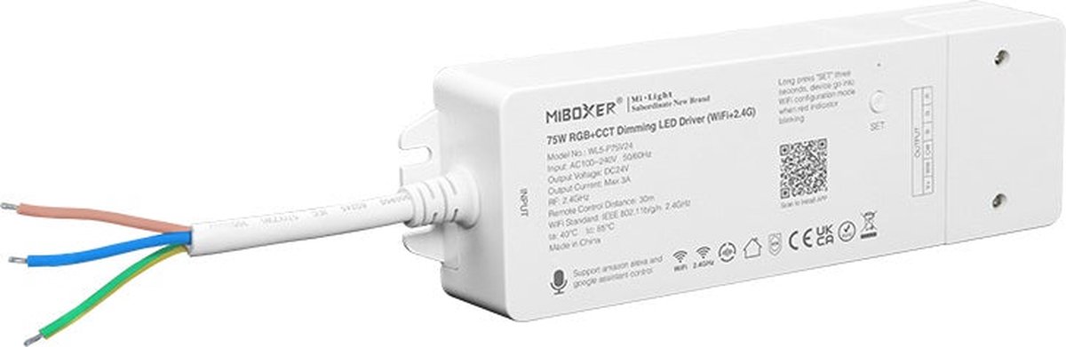 Mi-Light Mi-Boxer - (WL5-P75V24) - RGB+CCT 24V 75W LED controller met interne voeding (WiFi) - Voor besturing van een RGB+CCT LED strip - Bediening via app zonder tussenkomst van WL-BOX1