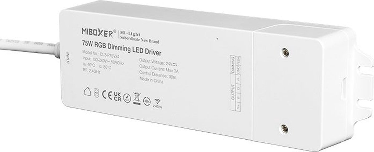 Mi-Light Mi-Boxer - (CL3-P75V24) - RGB 24V 75W LED controller met interne voeding (Standaard) - Voor besturing van een RGB LED strip - Bediening met Mi-boxer afstandsbediening