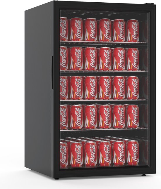 Koelkast: Mini koelkast glazen deur - 115 liter - H 84 x 54 x 53 CM - Zwart - Promoline, van het merk promo line