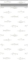 ESTAhome behangpapier pentekening vissen wit en zilver - 138966 - 0,53 x 10,05 m