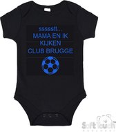 Soft Touch Romper "ssssstt Mama en ik kijken CLUB BRUGGE" Unisex Katoen Zwart/blauw Maat 56/62