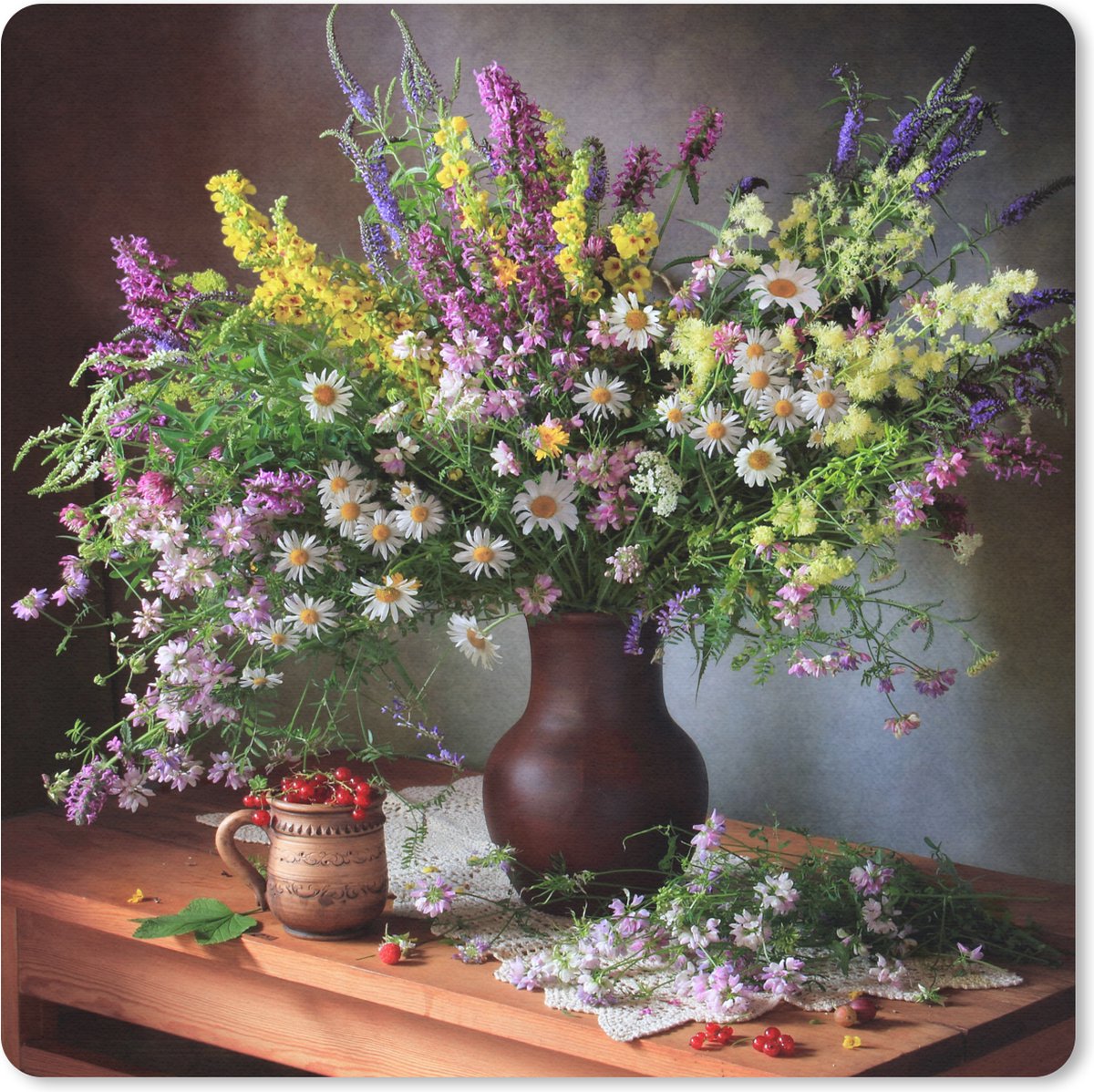 Muismat 20x20 cm - Mousepad Bloemen - Tafel - Stilleven - Boeket - Vaas - Muismatten