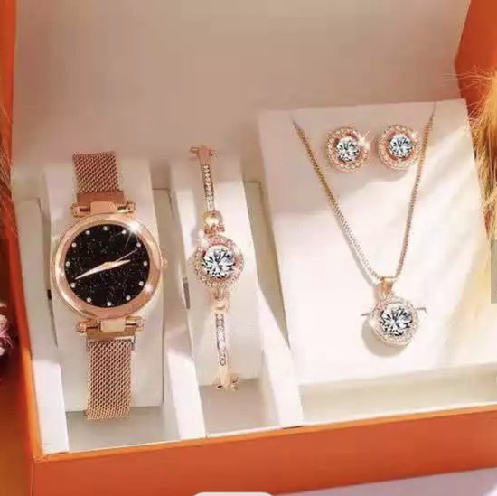 Horlogebox voor dames - geschenkdoos - cadeau set met horloge - oorbellen - ketting - armband - valentijn cadeautje voor haar - goud - silver