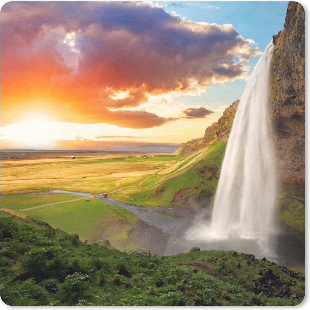 Muismat 20x20 cm - Mousepad Waterval - Rots - Zonsondergang - Bergen - Oranje - Muismatten