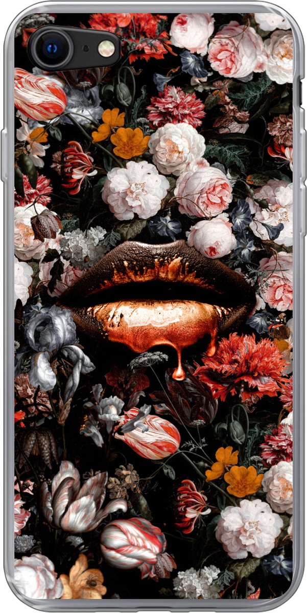 Telefoonhoesje Geschikt voor iPhone SE 2020 hoesje - Lippen - Bloemen - Verf - Oranje - Kunst - Abstract - Oude meesters - Siliconen Telefoonhoesje Telefoonhoesje