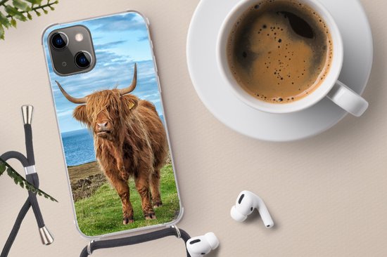 Coque avec cordon iPhone 13 Mini - Highlander écossais - Water - Cornes - Siliconen - Bandoulière - Coque arrière avec cordon - Coque pour téléphone avec cordon - Coque avec corde