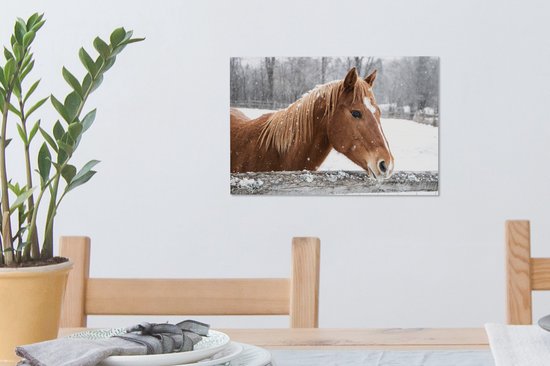 Tableau sur toile Cheval - Flocon de neige - Clôture - Hiver - 30x20 cm - Décoration murale