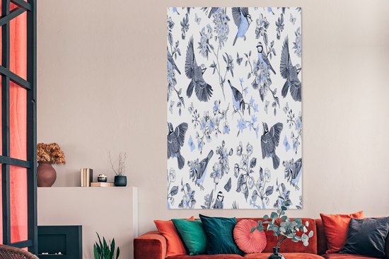 Canvas Schilderij Bloemen - Vogel - Blauw - 120x180 cm - Wanddecoratie XXL - OneMillionCanvasses