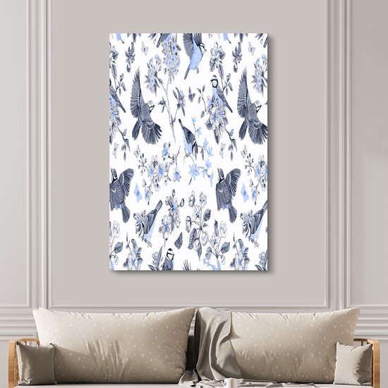 Canvas Schilderij Bloemen - Vogel - Blauw - 120x180 cm - Wanddecoratie XXL - OneMillionCanvasses