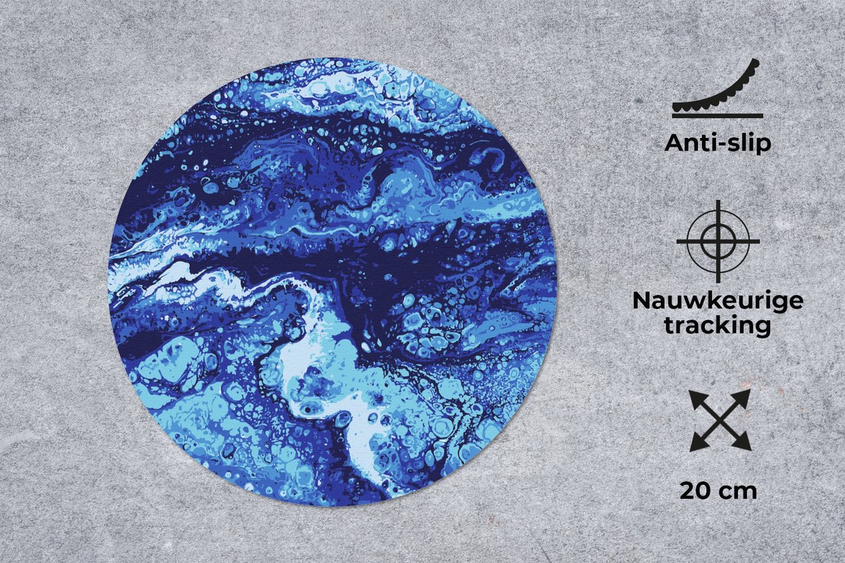 Muismat rond 20x20 cm - Mousepad Marmer - Blauw - Waterverf - Ronde muismatten