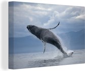 Canvas Schilderij Uit het water springende walvis - 30x20 cm - Wanddecoratie
