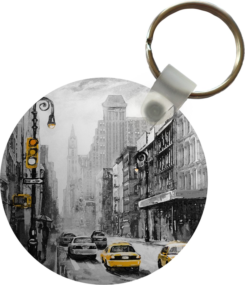 Sleutelhanger - Schilderij - Olieverf - Stad - Auto - Plastic - Rond - Uitdeelcadeautjes