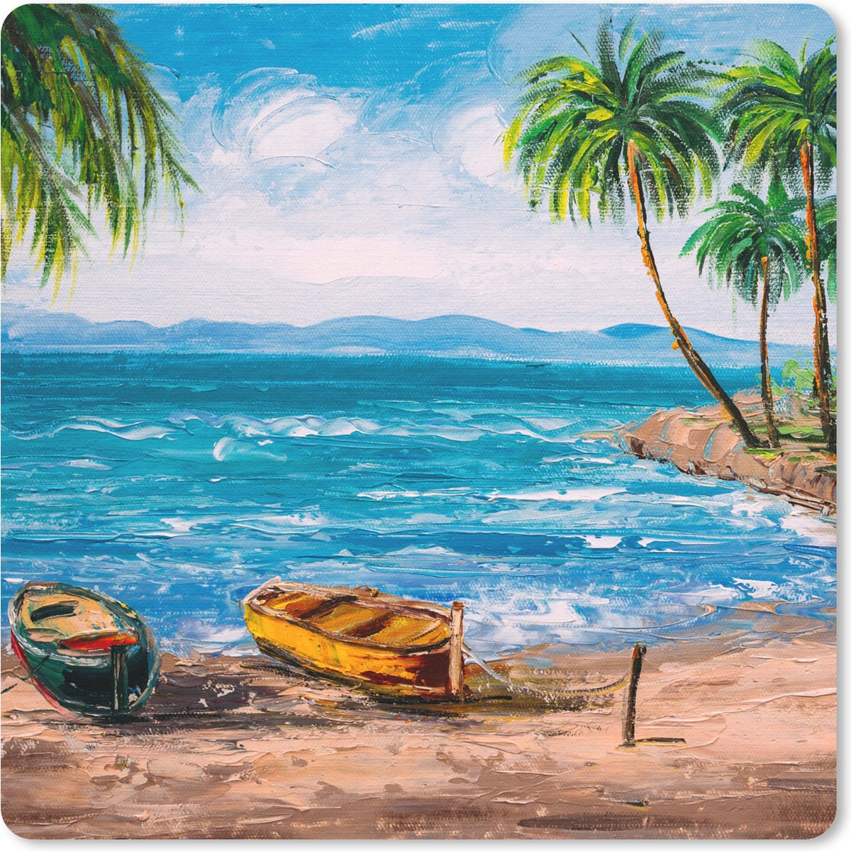 Muismat 20x20 cm - Mousepad Schilderij - Olieverf - Strand - Palmboom - Boot - Muismatten